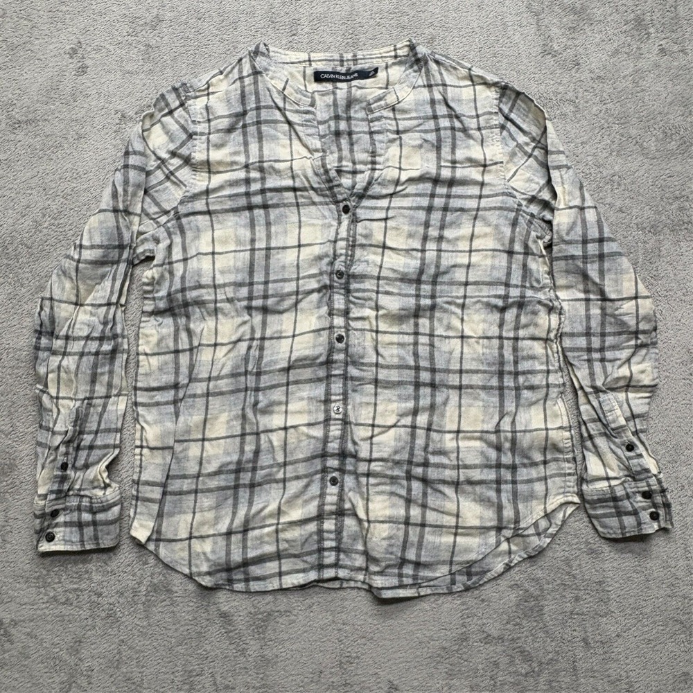 Calvin Klein Jeans Plaid‎ Button Shirt Womens Large Gray Long Sleeve